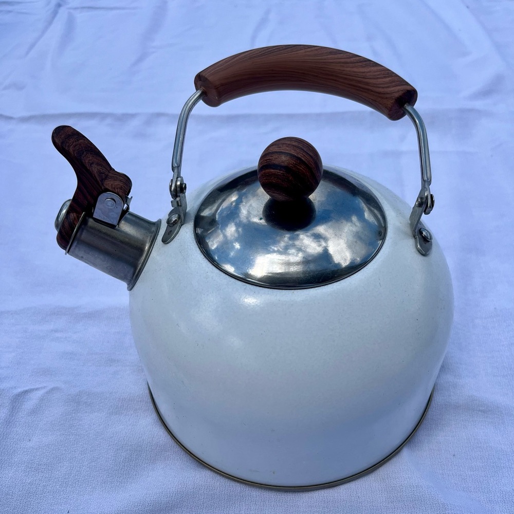Tea Kettle White and Light Wood Handle, Whistling Stovetop